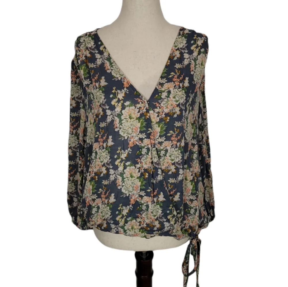 Lucky Brand Grey Floral Long Sleeve Faux Wrap Top